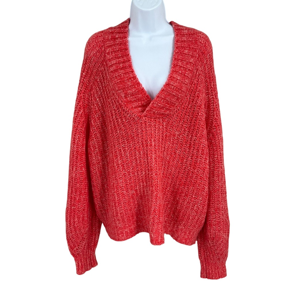 Anthropologie Sweater Womens XL Red Marled Knit V-Neck Oversized Chunky Pullover